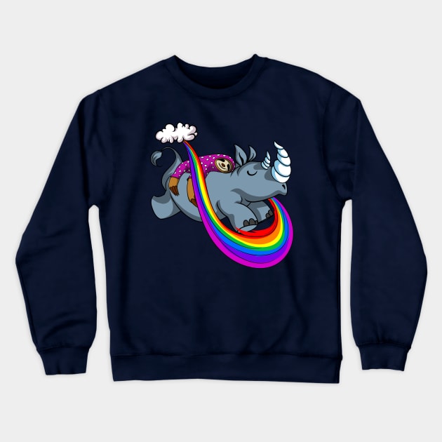 Sleeping Sloth Riding Rhino Fantasy Rainbow Cartoon Crewneck Sweatshirt by underheaven